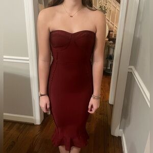 Pretty Little Thing Sz 10 Dark Red Strapless Bandage Frill Hem Dress Holiday